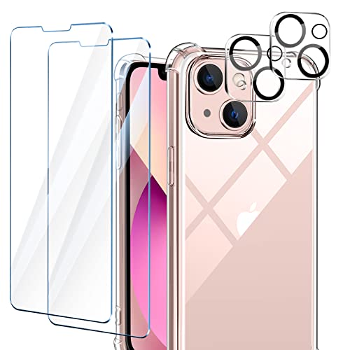 AROYI Funda Compatible mit iPhone 13, 2 Pack Cristal Templado y 2 Pack Lente de cámara - Clear