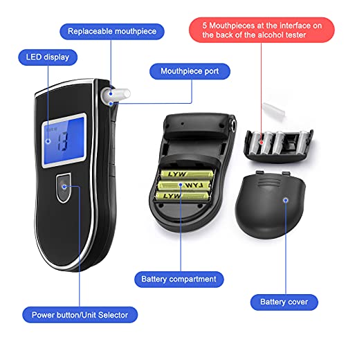 ASCOZY Alcoholimetro Digital Homologado, Profesional Sensor Semiconductor Probador de Alcohol con Pantalla LCD, 10 Boquillas, 3 baterías AAA