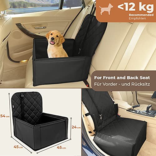 Asiento de coche para perro extra estable - Transportín coche robusto para perros pequeños y medianos - Paredes reforzadas y 3 cinturones - Cesta perro impermeable para asiento delantero o posterior