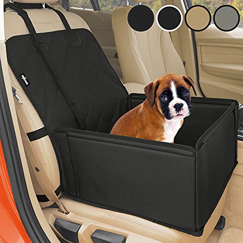 Asiento de coche para perro extra estable - Transportín coche robusto para perros pequeños y medianos - Paredes reforzadas y 3 cinturones - Cesta perro impermeable para asiento delantero o posterior