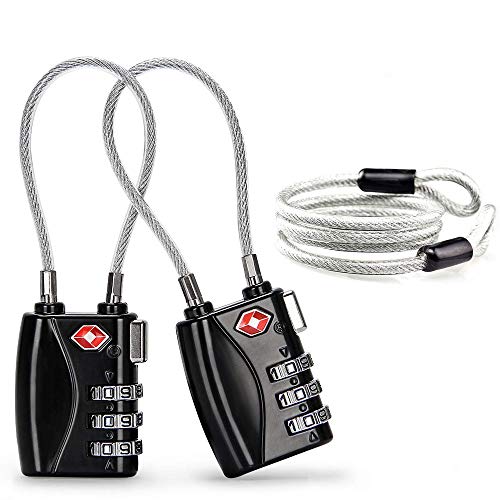 Aspen Candado de Seguridad para Maletas TSA Candados para Equipaje Candado de Combinacion 3 códigos con Cable de Acero(Negro,2 Paquetes), Cuerpo de Aleación, Discos de Fácil Lectura