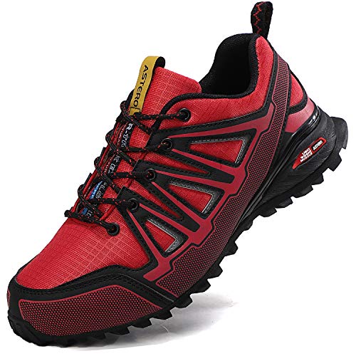 ASTERO Zapatillas de Deportes Hombre Running Zapatos para Correr Gimnasio Calzado Deportivos Ligero Sneakers Transpirables Casual Montaña Calzado Talla 41-46 (Negro Rojo, Numeric_42)