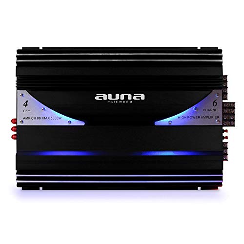 Auna AMP-CH - Amplificador para Coche, Sonido HiFi, Entradas RCA, Iluminación LED Azúl, Bidireccional, Material de Montaje, Potencia máxima 5000 W, 570 W RMS, 6 Canales, Antracita