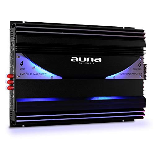 Auna AMP-CH - Amplificador para Coche, Sonido HiFi, Entradas RCA, Iluminación LED Azúl, Bidireccional, Material de Montaje, Potencia máxima 5000 W, 570 W RMS, 6 Canales, Antracita