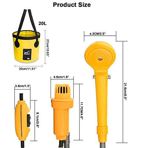 AUTOPkio Kit de Cubo Plegable portátil de la Ducha al Aire Libre, Cabezal de Ducha Que acampa Enchufe en el Adaptador del Cigarrillo 12V y da Vuelta al Agua en la Corriente apacible Constante