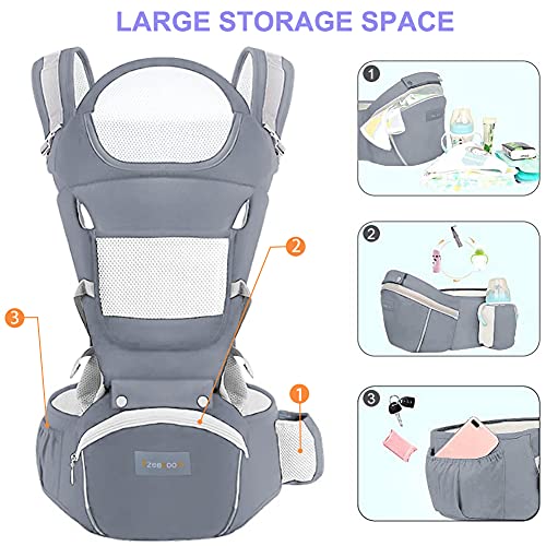 Azeekoom Mochila Portabebés Ergonómica con Asiento de Cadera Reposacabezas, Algodón Puro Ligero y Transpirable para Bebés y Niños de 0 a 36 Meses (Menos de 25 kg)