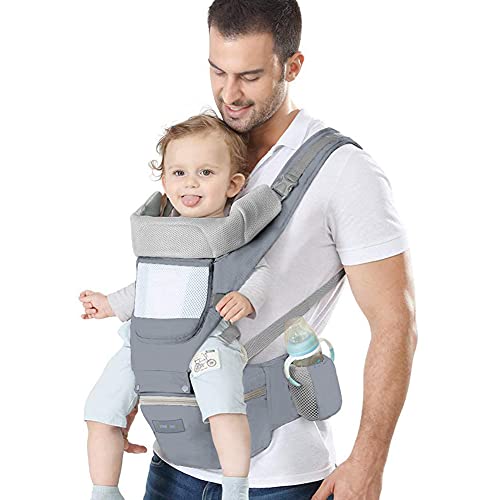 Azeekoom Mochila Portabebés Ergonómica con Asiento de Cadera Reposacabezas, Algodón Puro Ligero y Transpirable para Bebés y Niños de 0 a 36 Meses (Menos de 25 kg)