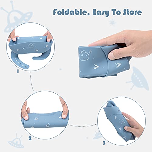 Babero impermeable de silicona para bebés para bebés y niños pequeños con recogedor de alimentos（Galáctica y nave espacial）