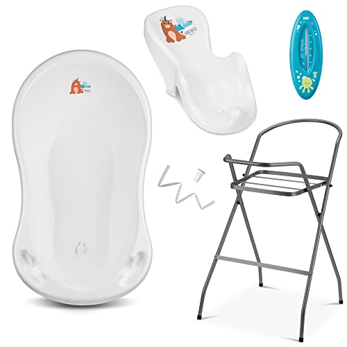 BabyKajo Bañera Plegable Bebé con Soporte - Set de 4 Piezas para Recién Nacidos - Banera con Termometro, Soporte, Asiento de Bañera Bebe, y Manguera de Desagüe - Ayuda Antideslizante