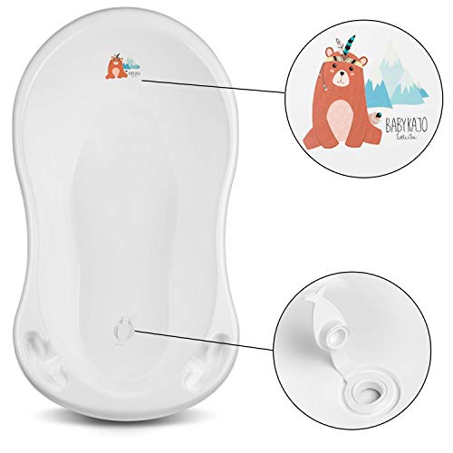 BabyKajo Bañera Plegable Bebé con Soporte - Set de 4 Piezas para Recién Nacidos - Banera con Termometro, Soporte, Asiento de Bañera Bebe, y Manguera de Desagüe - Ayuda Antideslizante