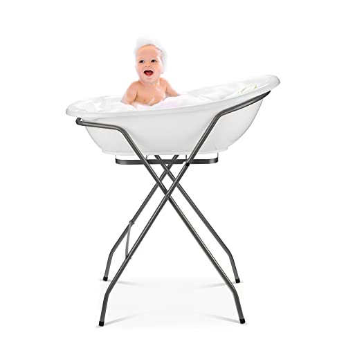 BabyKajo Bañera Plegable Bebé con Soporte - Set de 4 Piezas para Recién Nacidos - Banera con Termometro, Soporte, Asiento de Bañera Bebe, y Manguera de Desagüe - Ayuda Antideslizante