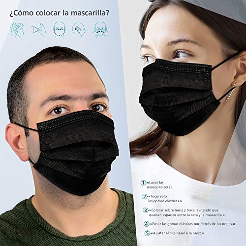 BAENA SALUD 100 Mascarillas Quirúrgicas, higiénicas, desechables, Tipo IIR, en color negro, filtración (BFE) 98%, hechas en España