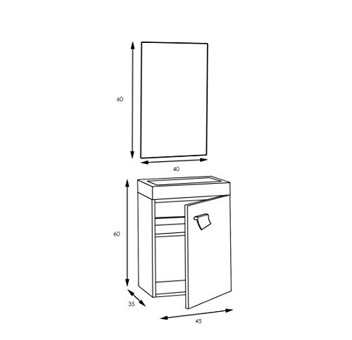 Baikal 280034036, Mueble de baño pequeño con lavabo cerámico y espejo, de una puerta, acabado en color Nebraska, de fácil montado, Medidas: 45 x 36 x 60 cm