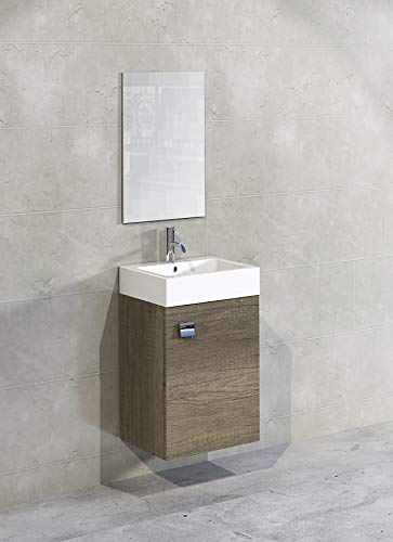 Baikal 280034036, Mueble de baño pequeño con lavabo cerámico y espejo, de una puerta, acabado en color Nebraska, de fácil montado, Medidas: 45 x 36 x 60 cm