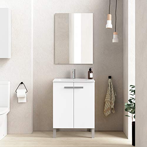 Baikal Neo 280034068 Mueble de Baño con Lavabo y Espejo con Patas, Dos Puertas, Acabado Color Blanco Mate, Melamina 16, en Kit, fácil montado 60 X 82 X 46 cm, 16mm, 60 X 46 X 82