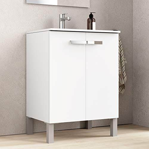 Baikal Neo 280034068 Mueble de Baño con Lavabo y Espejo con Patas, Dos Puertas, Acabado Color Blanco Mate, Melamina 16, en Kit, fácil montado 60 X 82 X 46 cm, 16mm, 60 X 46 X 82