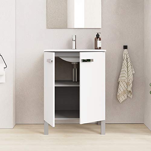 Baikal Neo 280034068 Mueble de Baño con Lavabo y Espejo con Patas, Dos Puertas, Acabado Color Blanco Mate, Melamina 16, en Kit, fácil montado 60 X 82 X 46 cm, 16mm, 60 X 46 X 82