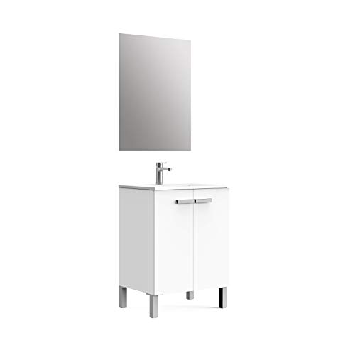 Baikal Neo 280034068 Mueble de Baño con Lavabo y Espejo con Patas, Dos Puertas, Acabado Color Blanco Mate, Melamina 16, en Kit, fácil montado 60 X 82 X 46 cm, 16mm, 60 X 46 X 82