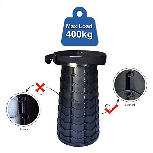 Baogaier Taburete Plegable Portátil,Taburete de Camping y Taburetes Telescópico Portátil Silla Plegable de Altura Ajustable, para Acampar Pesca, Barbacoa, Montañismo, Carga Máxima de 400 Kg - Negro