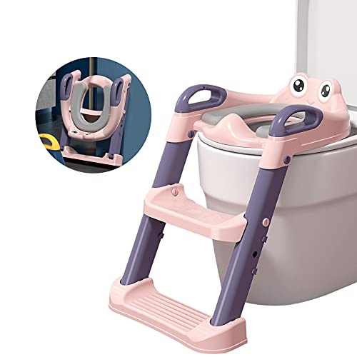 Barakara Asiento Inodoro Niños para Orinal Infantil Formación, Adaptador WC Niños con Escalera y Cojín Suave, Abatible, Antideslizante, para Niños de 1a 7 Años(Rosa)