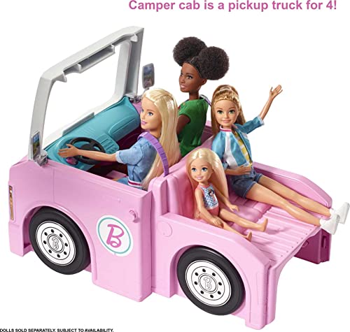 Barbie Caravana para acampar 3 en 1 de Barbie con piscina, camioneta, barca y 50 accesorios, regalo para niñas y niños 3-9 años (Mattel GHL93)