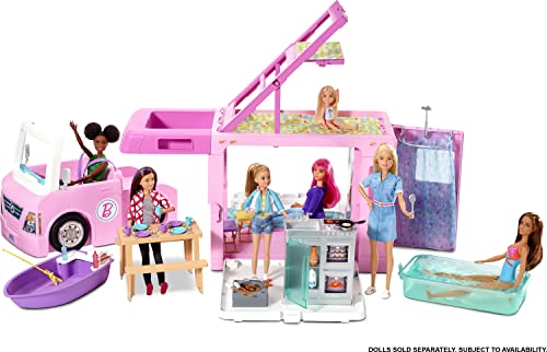 Barbie Caravana para acampar 3 en 1 de Barbie con piscina, camioneta, barca y 50 accesorios, regalo para niñas y niños 3-9 años (Mattel GHL93)