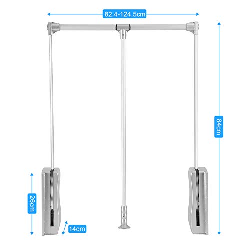 Barra de Armario Abatible, Perchero Basculante Pull down Armario Barra de Colgarde Aluminio Hogar de Elevación Suspensión de Ropa Regulable Ancho 82.4〜124.5cm Carga Máxima 10 Kg(82,4 ~ 124,5 cm)