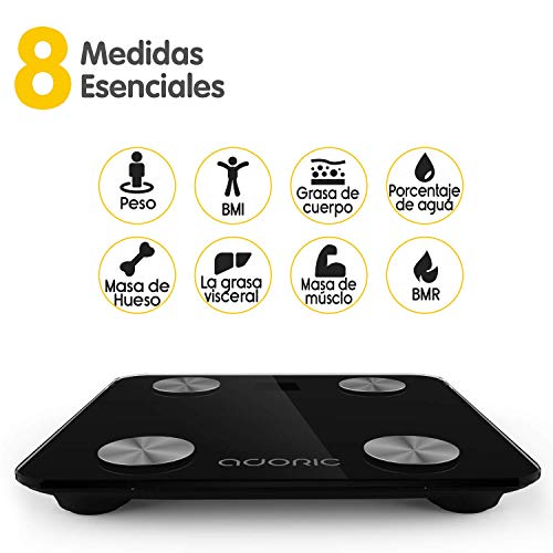 Báscula Grasa Corporal Bluetooth Más de 8 Funciones, Báscula Analógica Monitores de composición corporal Para Móviles Andriod y iOS (Negro).