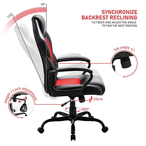 BASETBL Silla de Oficina, Silla de Escritorio Ergonómica con Altura Ajustable, Sillón Oficina con Respaldo Alto Reclinable, Silla de Computadora Cuero Ejecutiva con Soporte Lumbar, Carga 150kg (RED-1)