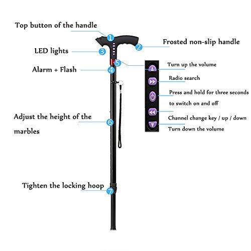 Bastón de caminar con luz LED ajustable con alarma de ajuste de altura de mano, color negro