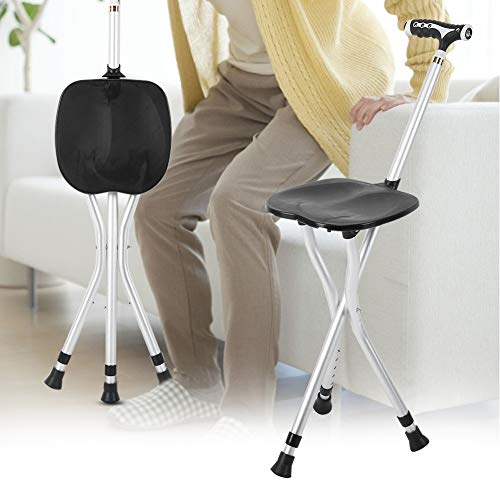 Bastón plegable, bastón Silla Combo Trípode Taburete Bastón plegable con asiento Bastón ajustable para ancianos con luz LED para ancianos