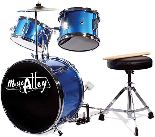 Batería Junior Musical Alley para niños con pedal de bombo, taburete y baquetas - Azul