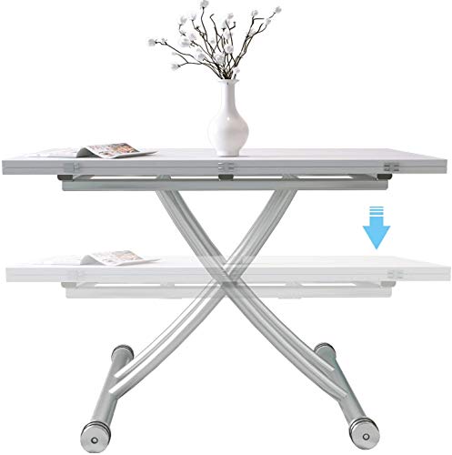 BELIWIN Mesa de centro con tapa elevada, color blanco, altura ajustable, superficie superior plegable de 2 partes, mesa de comedor para sala de estar y oficina