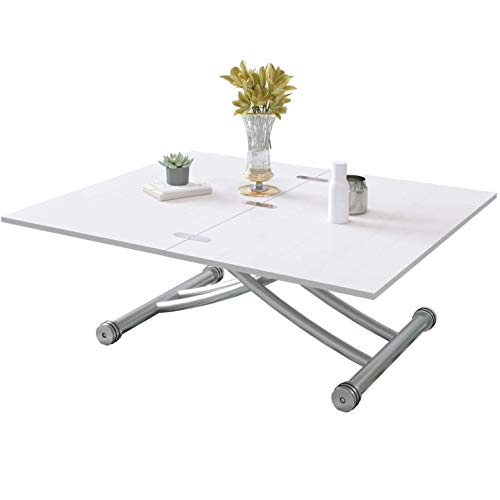 BELIWIN Mesa de centro con tapa elevada, color blanco, altura ajustable, superficie superior plegable de 2 partes, mesa de comedor para sala de estar y oficina