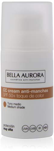 Bella Aurora Crema Facial con Color SPF 50+ | CC Cream | Protector Solar Anti-Manchas | Piel Normal o Seca, Tono Medio, 30 ml