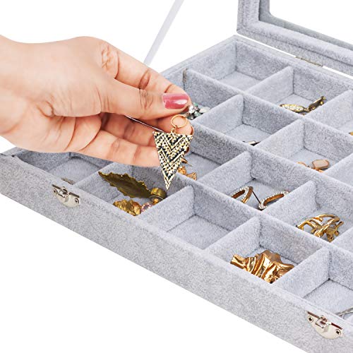 BELLE VOUS Bandeja Joyas Terciopelo Gris Expositor de Joyas 24 Secciones y Tapa de Vidrio – Organizador Joyas Cajones Apilable Secciones Ajustables para Collares, Brazaletes, Pendientes y Relojes