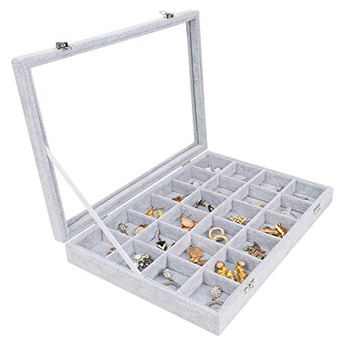 BELLE VOUS Bandeja Joyas Terciopelo Gris Expositor de Joyas 24 Secciones y Tapa de Vidrio – Organizador Joyas Cajones Apilable Secciones Ajustables para Collares, Brazaletes, Pendientes y Relojes