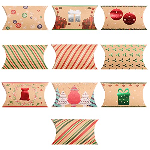 Belle Vous Cajas Regalo Navidad en Forma de Almohada (Pack de 50) 10 Diseños de Navidad Invierno - 11 x 7 cm Caja de Regalo Navidad Papel Kraft, Joyas, Golosinas, Fiestas de Navidad