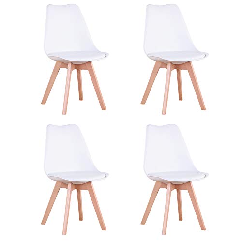 BenyLed Juego de 4 Sillas de Comedor Modernas con Asiento Tapizado y Patas de Madera de Haya Ideales para Comedor, Cocina, Sala de Estar, Dormitorio (Blanco)