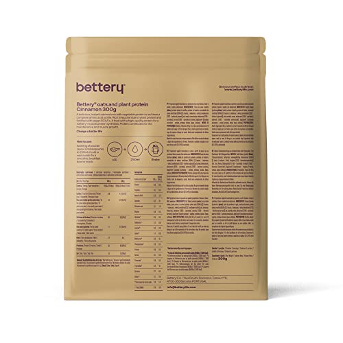 Bettery For a Better Oat & Plant Protein (300 g) - Copos de avena instantáneos con proteína vegana para la regeneración y recuperación muscular con aminoácidos y BCAA - Canela