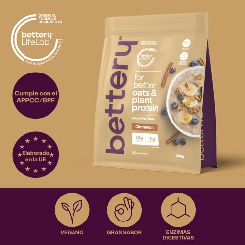 Bettery For a Better Oat & Plant Protein (300 g) - Copos de avena instantáneos con proteína vegana para la regeneración y recuperación muscular con aminoácidos y BCAA - Canela