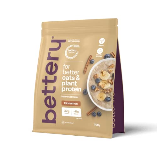 Bettery For a Better Oat & Plant Protein (300 g) - Copos de avena instantáneos con proteína vegana para la regeneración y recuperación muscular con aminoácidos y BCAA - Canela