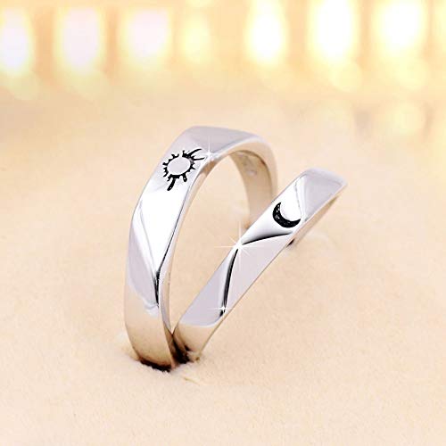 Beydodo 2PCS Anillos de Parejas Anillo Ajustable Plata de Ley Grabado Luna Sol I Love You Anillos de Compromiso Anillos Parejas Plata