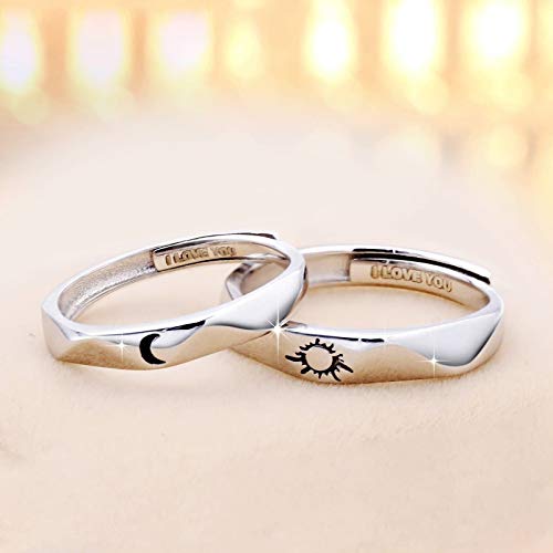 Beydodo 2PCS Anillos de Parejas Anillo Ajustable Plata de Ley Grabado Luna Sol I Love You Anillos de Compromiso Anillos Parejas Plata