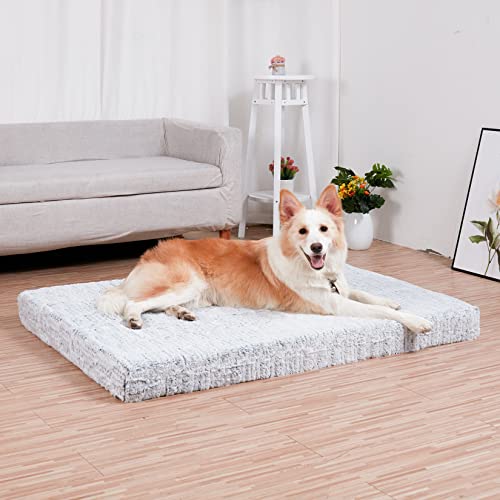 BingoPaw Cama Perro Grande Desenfundable,Cama para Perros Grandes Ortopedica 135x100x12cm Camas Perros XXXL Colchon Perro Antideslizante con Funda de Pelo Suave Impermeable Lavable Gris