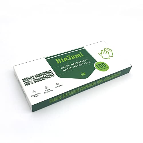 BIOFAMI Guantes Compostables y Biodegradables, 100% Ecológico, Extra Resistentes, Sin polvo y Free BPA, Certificado Ecológico, Seguro y Fuerte, Perfectos para alimentos, 100 unidades