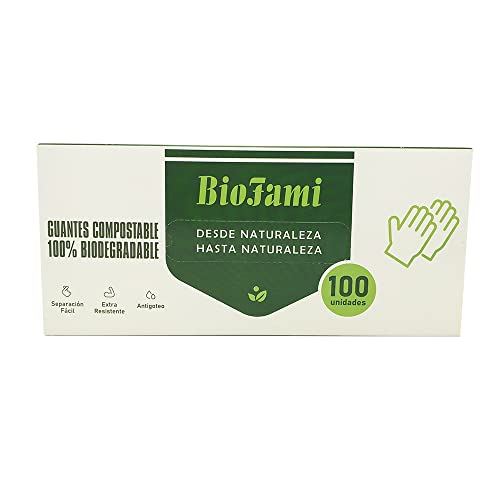 BIOFAMI Guantes Compostables y Biodegradables, 100% Ecológico, Extra Resistentes, Sin polvo y Free BPA, Certificado Ecológico, Seguro y Fuerte, Perfectos para alimentos, 100 unidades