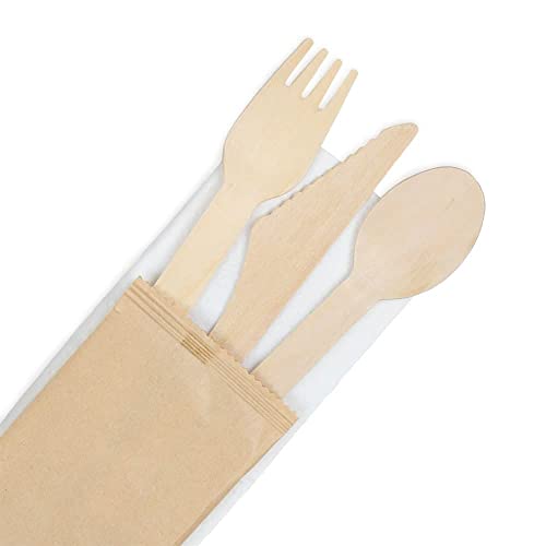 BIOZOYG Juego de Cubiertos de Madera Cuchillo Tenedor Cuchara 16cm con servilleta I Cubiertos biodegradables I Cubiertos de Madera para Fiestas I Juego de Cubiertos de Madera para Exteriores 100 pzs