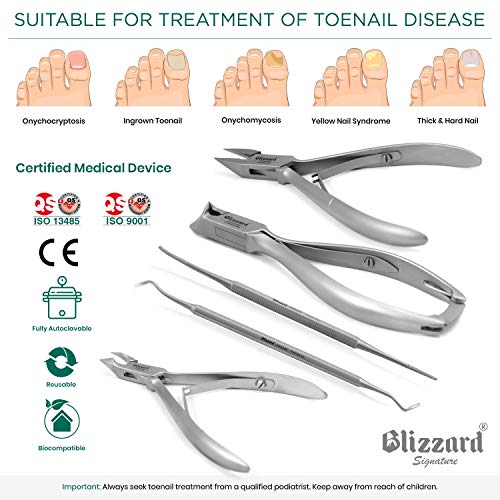 Blizzard - Kit Herramientas Podología 5pzs, Alicates Punta de Luna, Punta de Flecha y Corta Cutículas, para Uñas Encarnadas - Acero inoxidable alemán - para uso Profesional