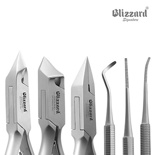 Blizzard - Kit Herramientas Podología 5pzs, Alicates Punta de Luna, Punta de Flecha y Corta Cutículas, para Uñas Encarnadas - Acero inoxidable alemán - para uso Profesional